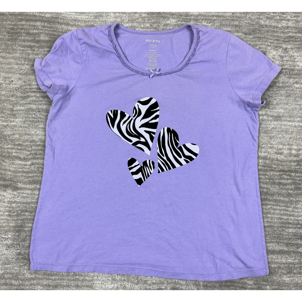 White Stag Sleepwear Women M 8-10 Purple Zebra Heart Pajama Top Short Sleeve Bow